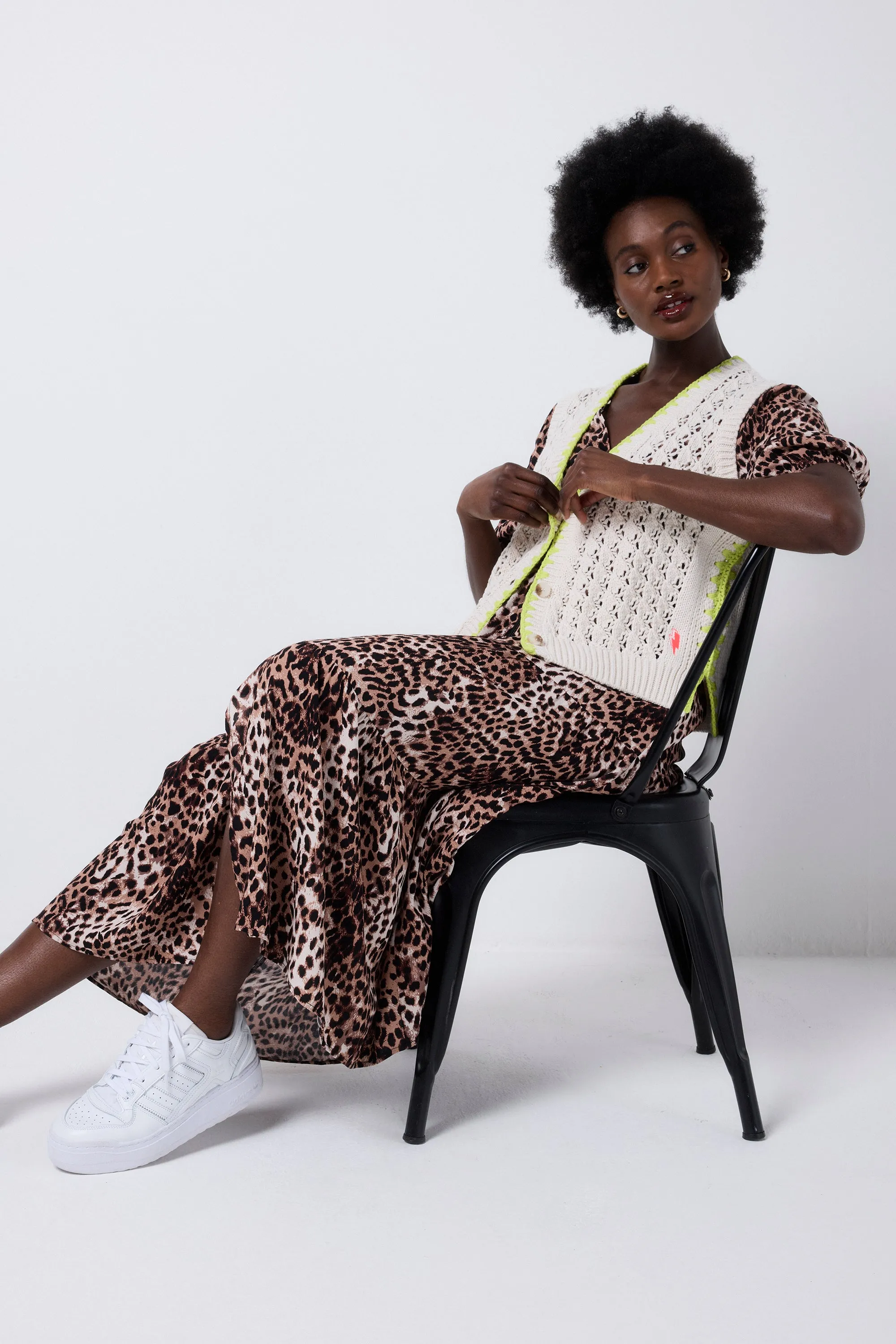 Cream with Neon Yellow Knitted Crochet Waistcoat Seasonal Trend Ribbed Knit