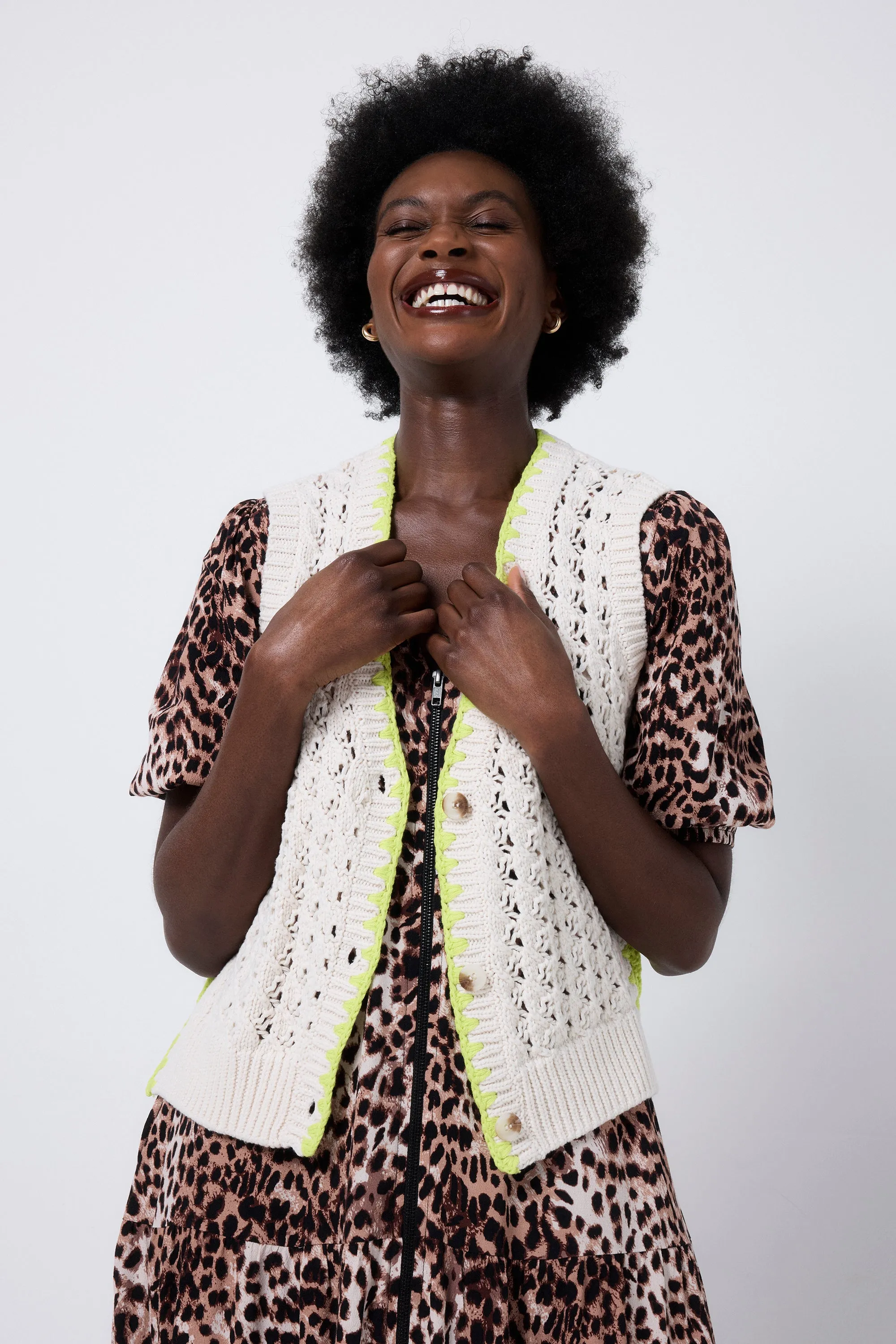 Non Restrictive Silhouette Cream with Neon Yellow Knitted Crochet Waistcoat