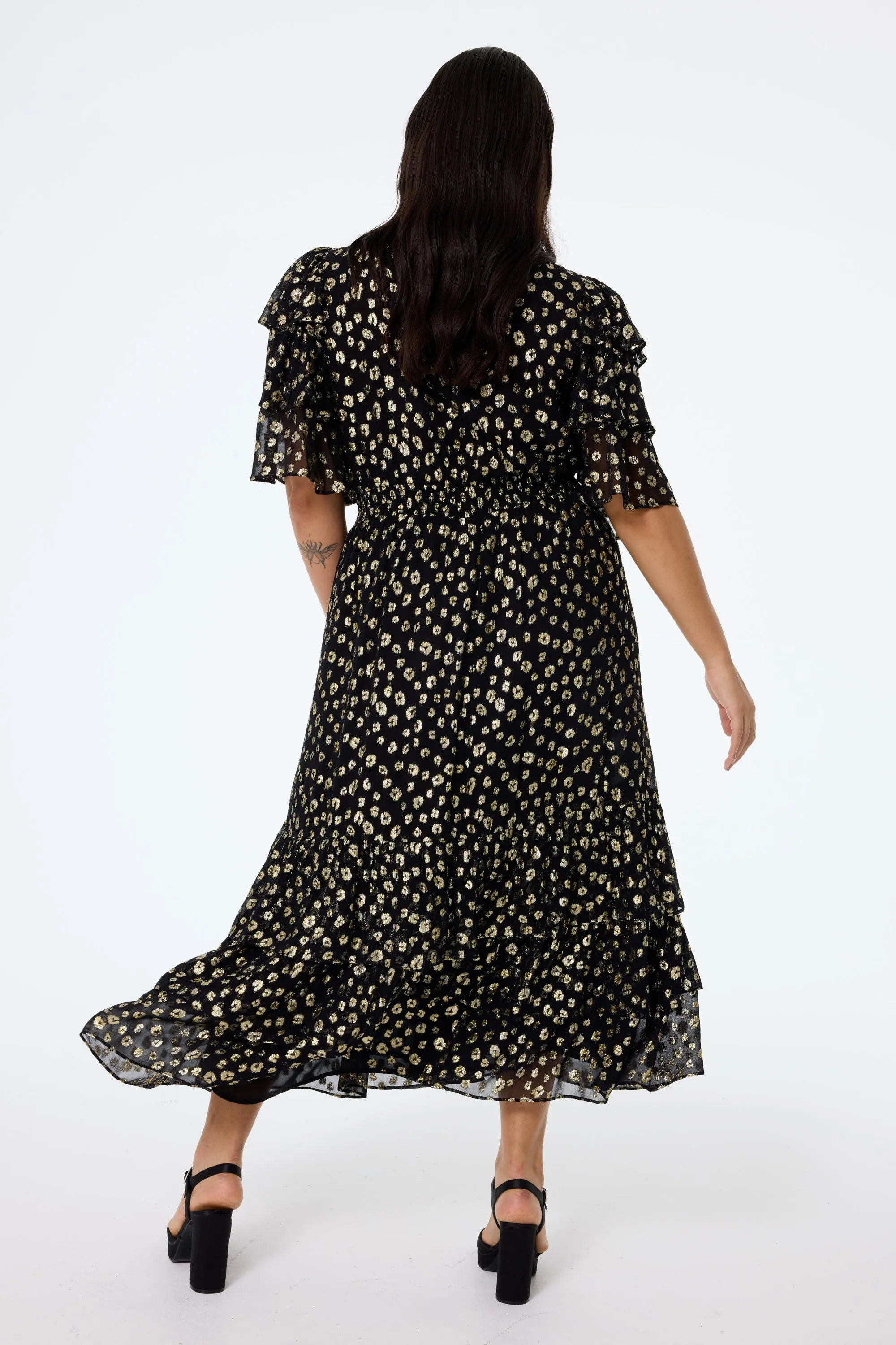 All Moments Black with Gold Spot Leopard Jacquard Ruffle Sleeve Tiered Midi Dress