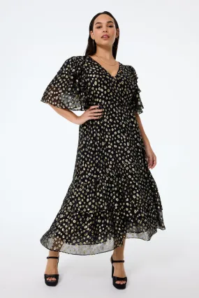 Black with Gold Spot Leopard Jacquard Ruffle Sleeve Tiered Midi Dress Wide Swing
