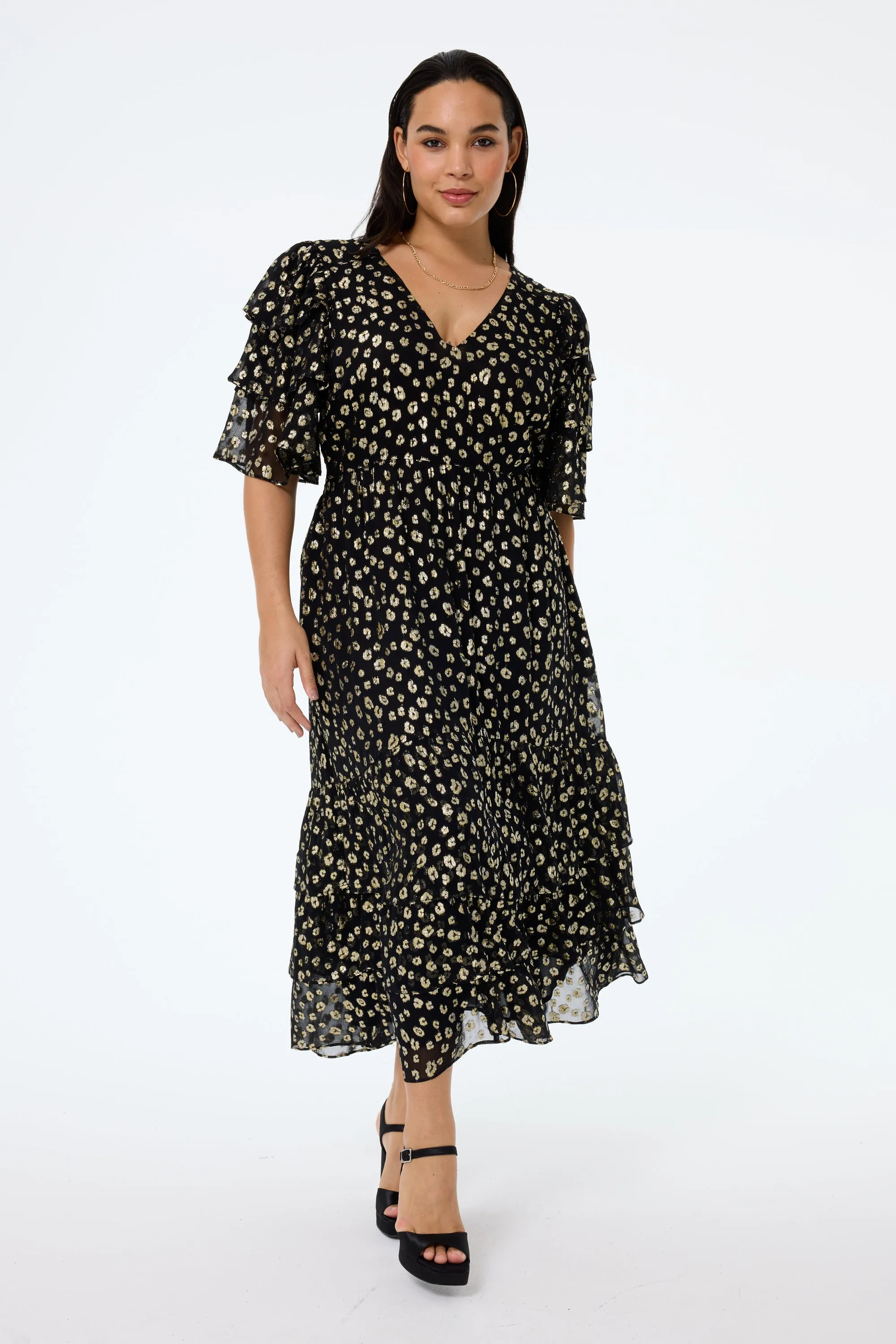 Soft Composition Breeze Flow Black with Gold Spot Leopard Jacquard Ruffle Sleeve Tiered Midi Dress
