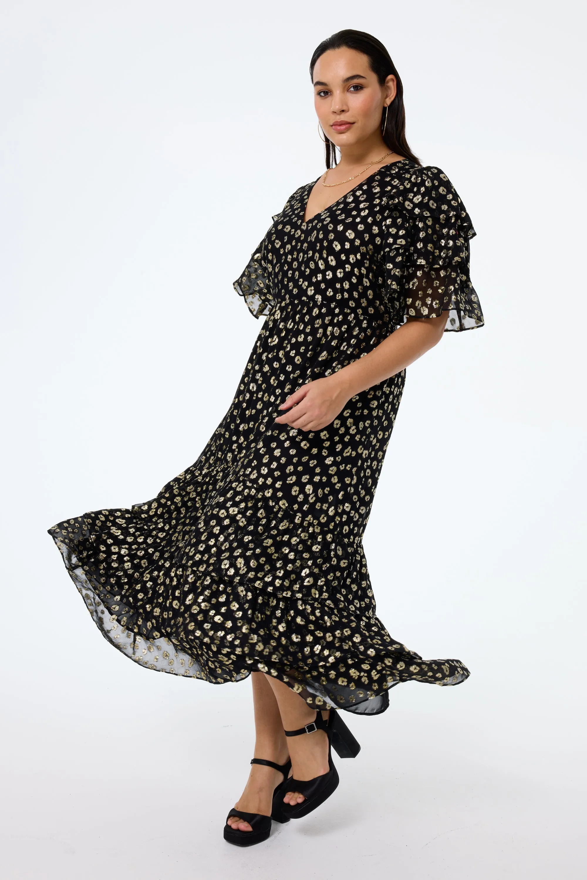 Lounge Moment Black with Gold Spot Leopard Jacquard Ruffle Sleeve Tiered Midi Dress