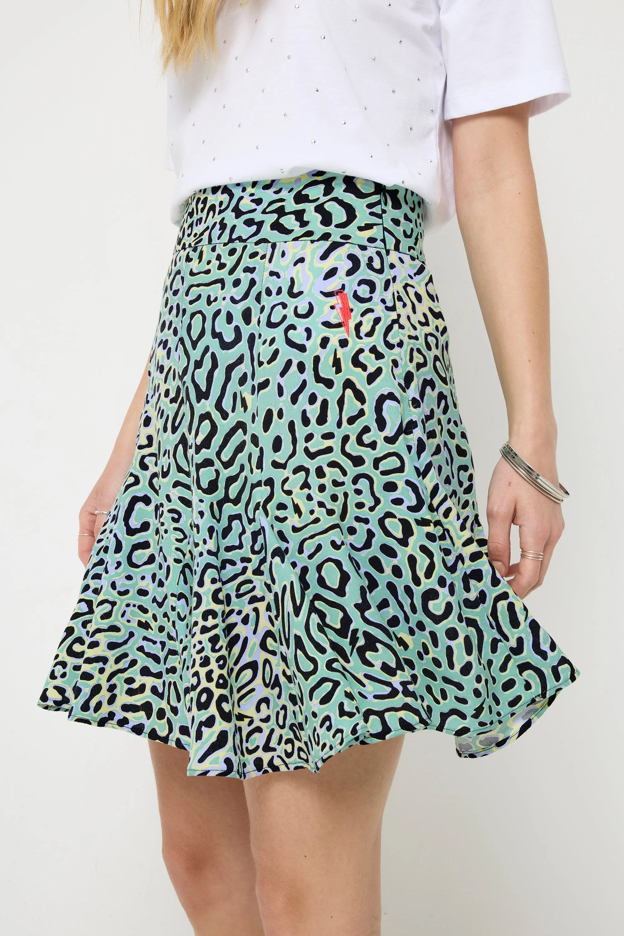 Green with Yellow Leopard Ray Skater Skirt Occasion Dressing Rolled Hem