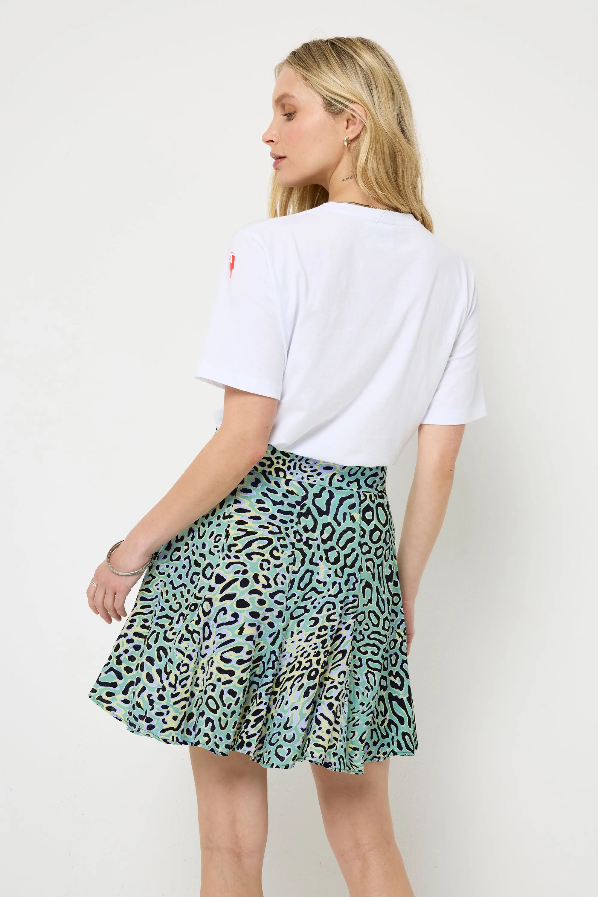 Durable Hem Travel Ready Green with Yellow Leopard Ray Skater Skirt
