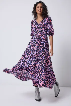 Pink with Blue and Black Shadow Leopard Tie Front Maxi Dress Relaxed-fit Weekend Fresh