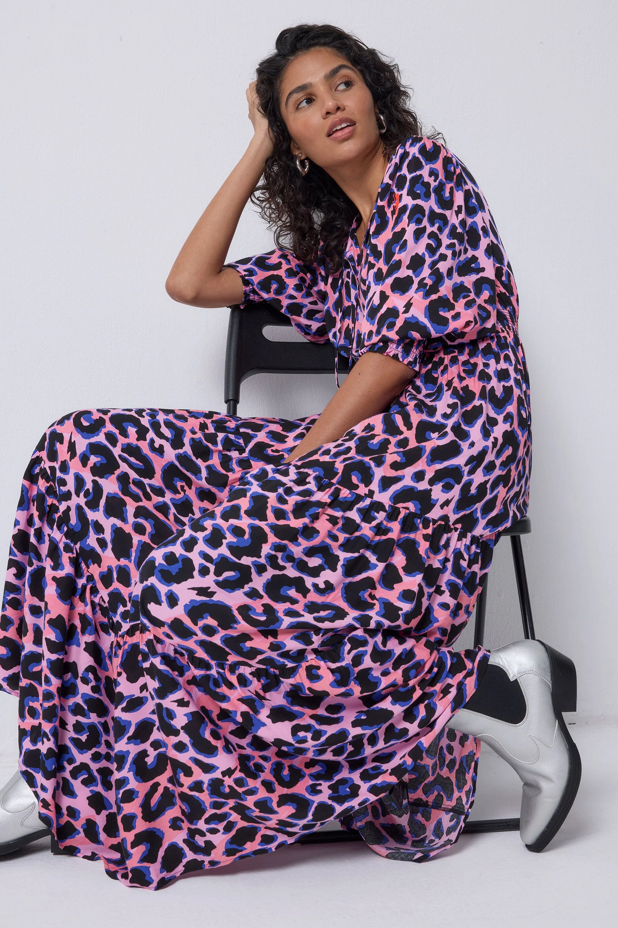 Cozy Energy Pink with Blue and Black Shadow Leopard Tie Front Maxi Dress