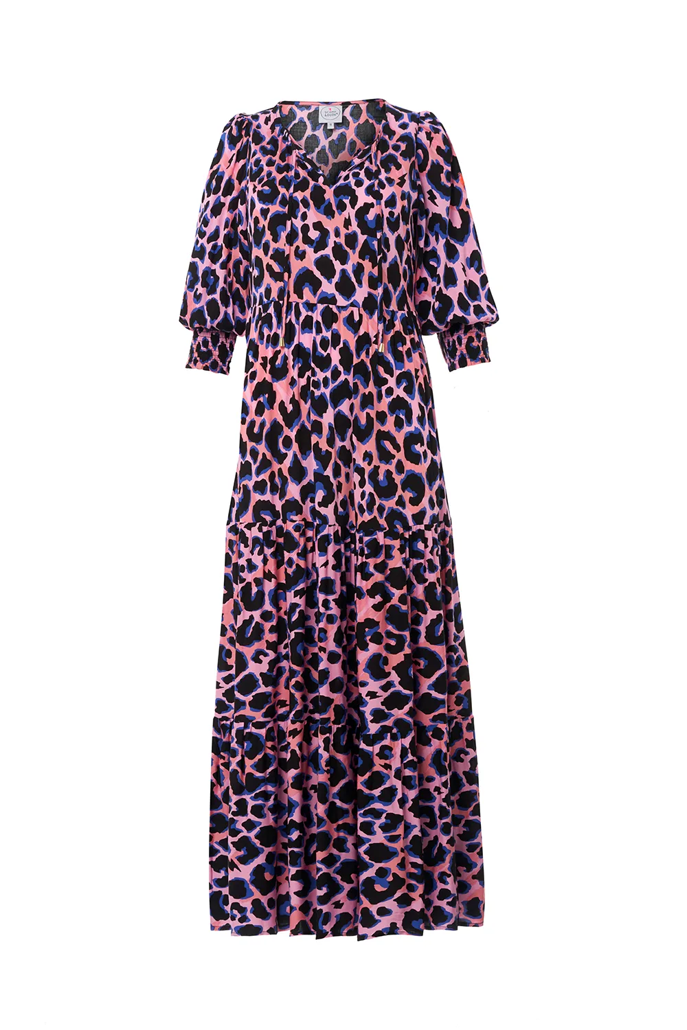 Smooth-Finish Calm Silhouette Pink with Blue and Black Shadow Leopard Tie Front Maxi Dress