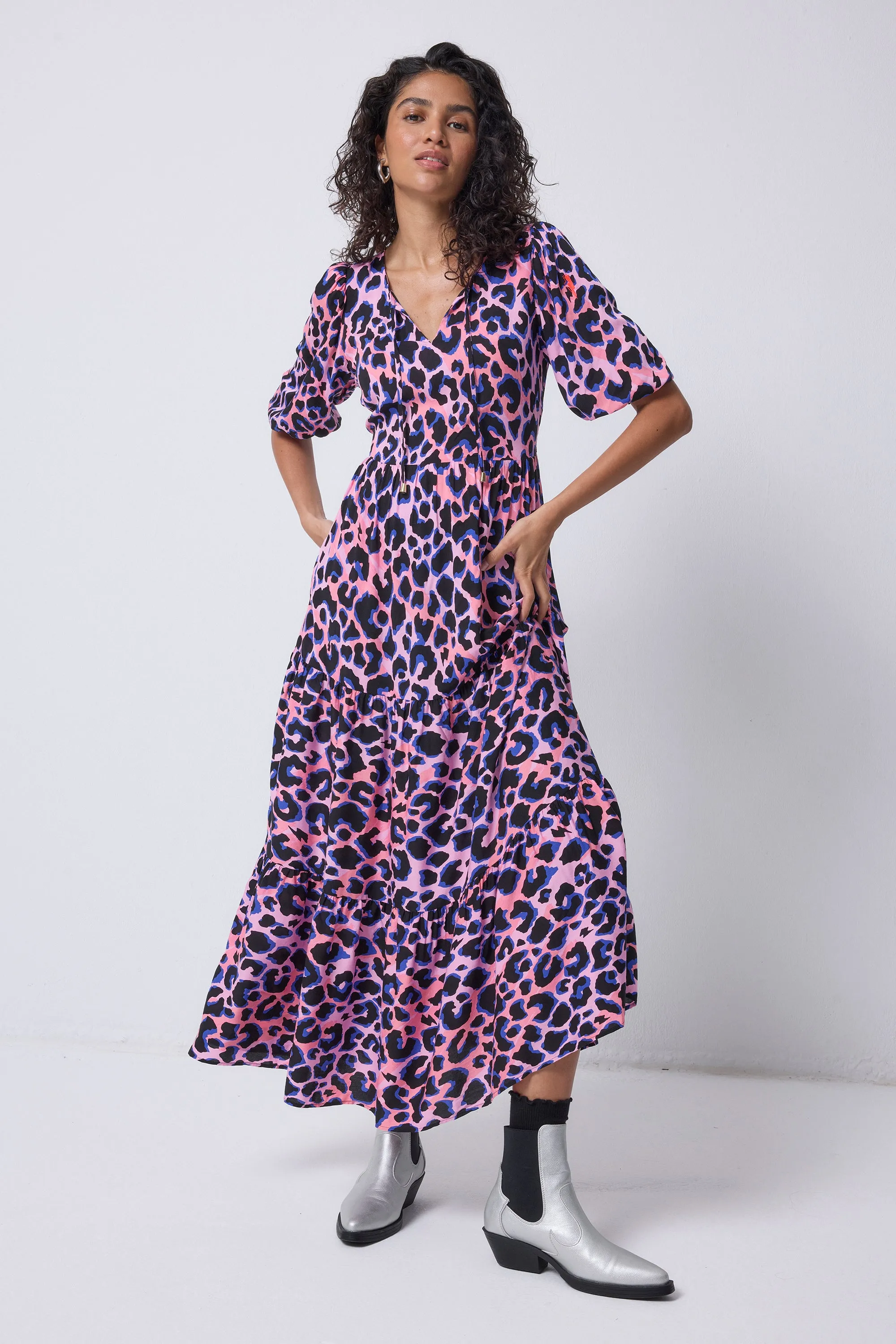 Pink with Blue and Black Shadow Leopard Tie Front Maxi Dress Minimalist Look