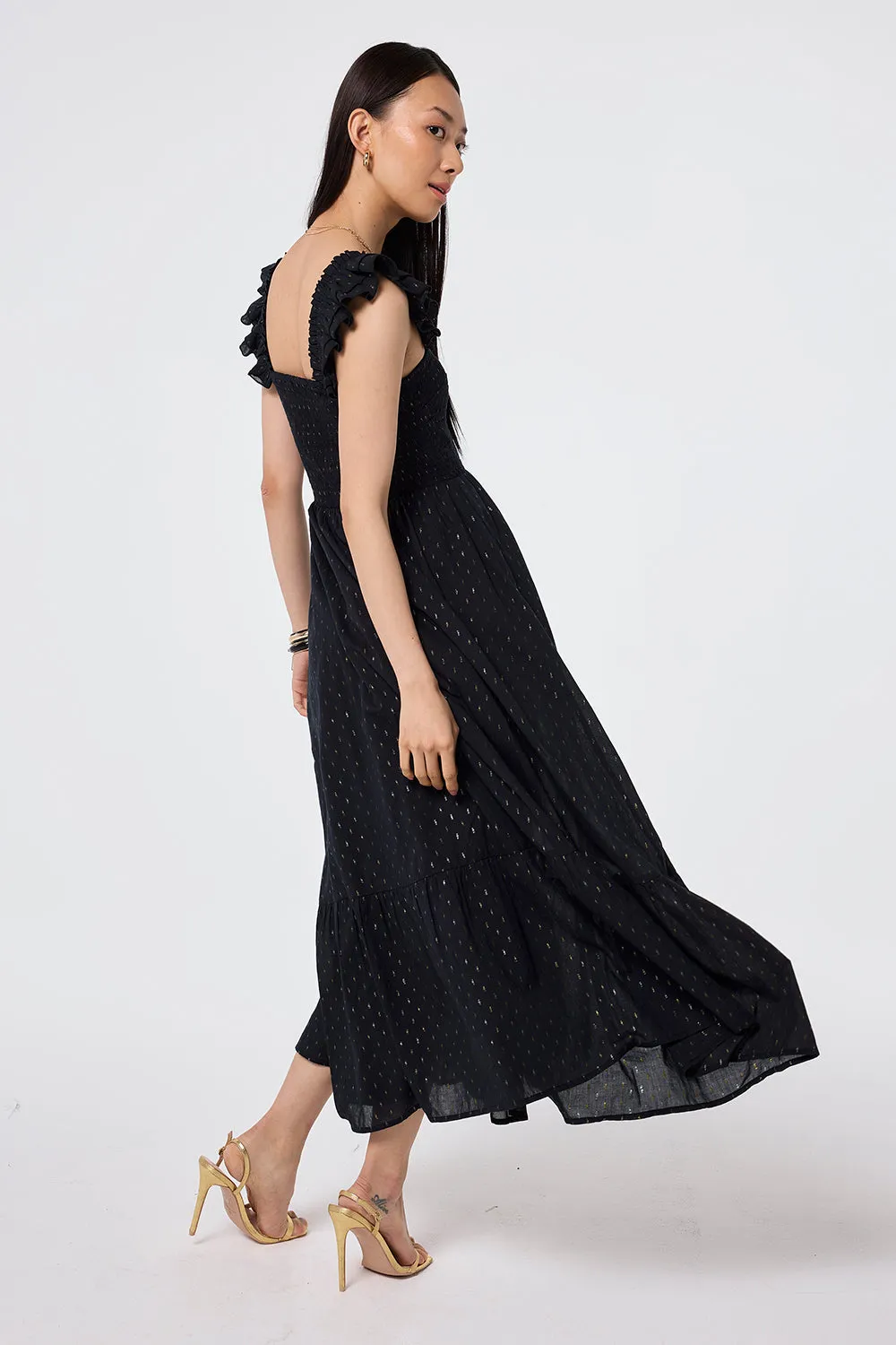 Black with Gold and Silver Lurex Spot Maxi Sundress Chic Casual Wear Halter neck