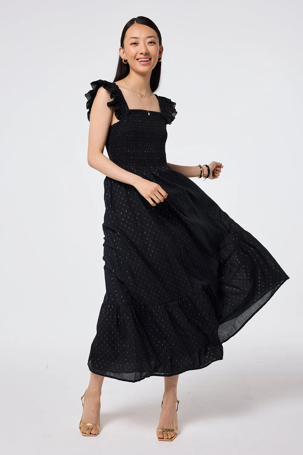 Cool Drape Light Fit Black with Gold and Silver Lurex Spot Maxi Sundress