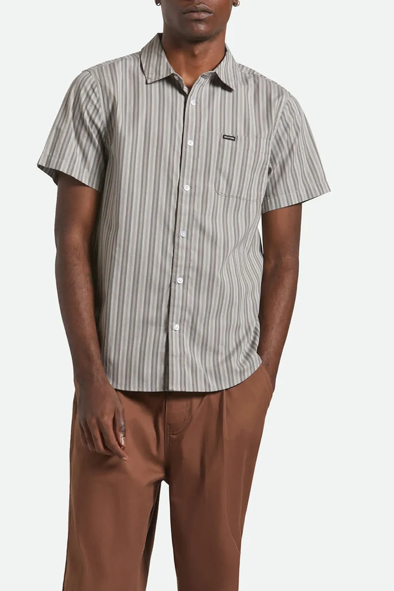 Charter Stripe Short Sleeve Woven Charcoal Grey AthleisureCompatible