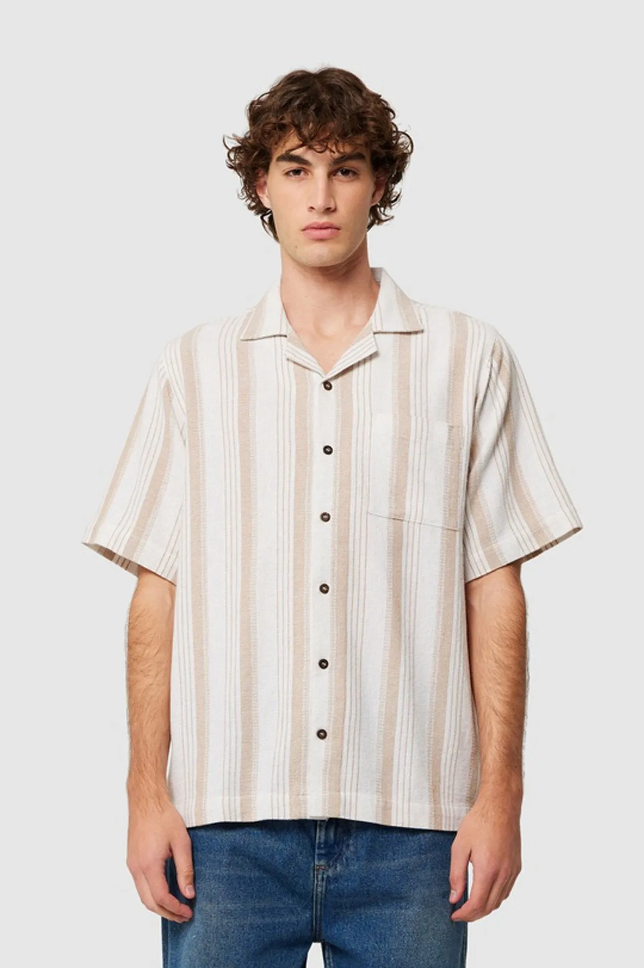 Non Closure Collar Compact Weave Fabric Bowler Weave Stripe Shirt Natural