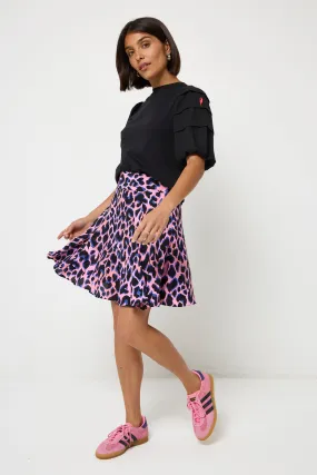 Pink with Blue and Black Shadow Leopard Skater Skirt All Occasion Asymmetrical Cut