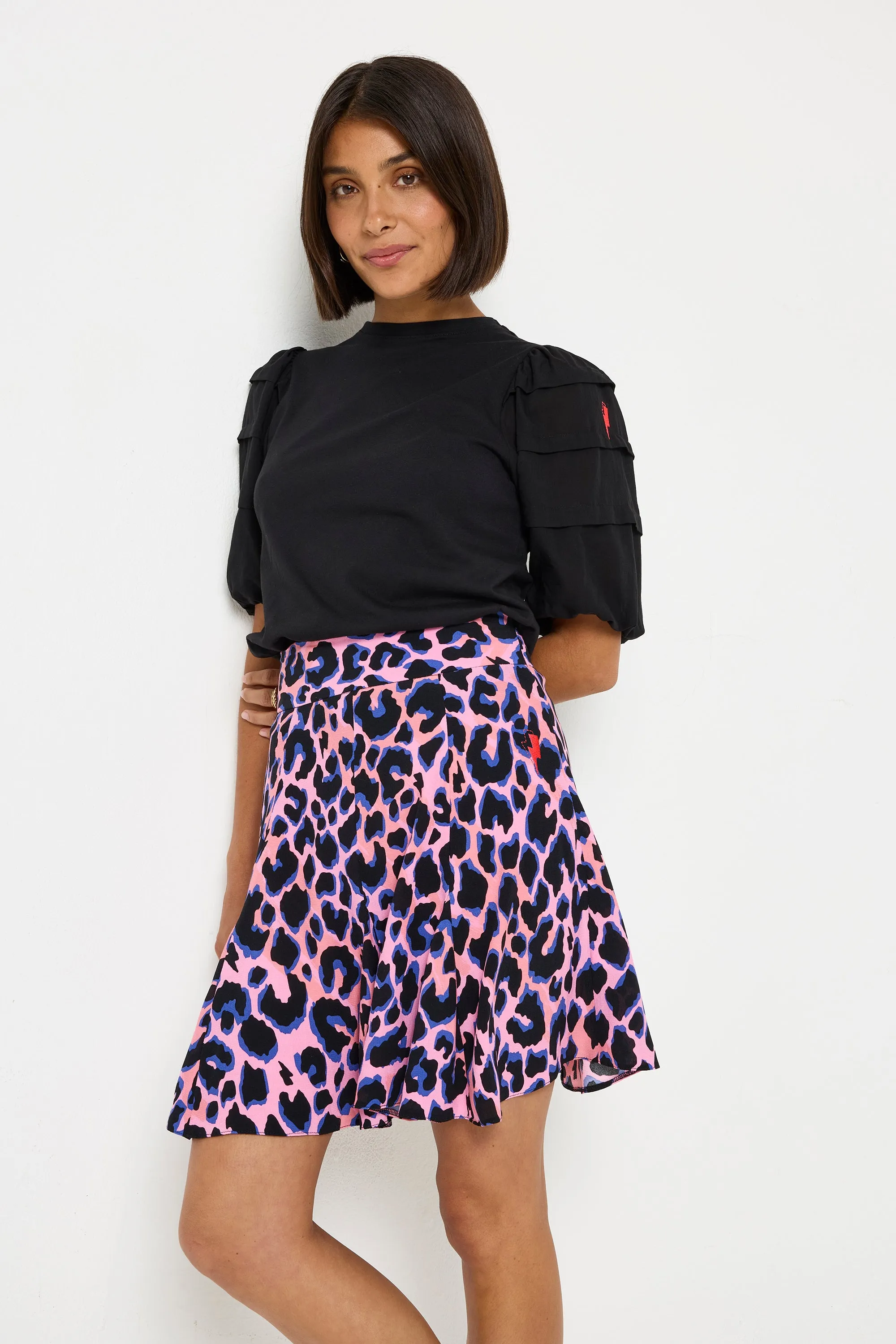 Pink with Blue and Black Shadow Leopard Skater Skirt Trendy Outfit