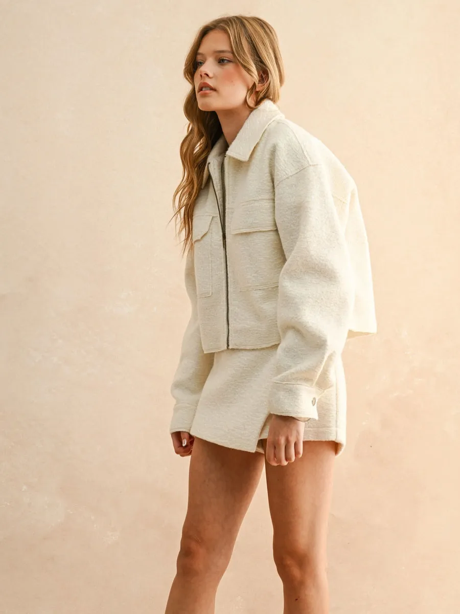 Fleece Pullover BIG POCKET CROPPED ZIPPER JACKET - CREAM