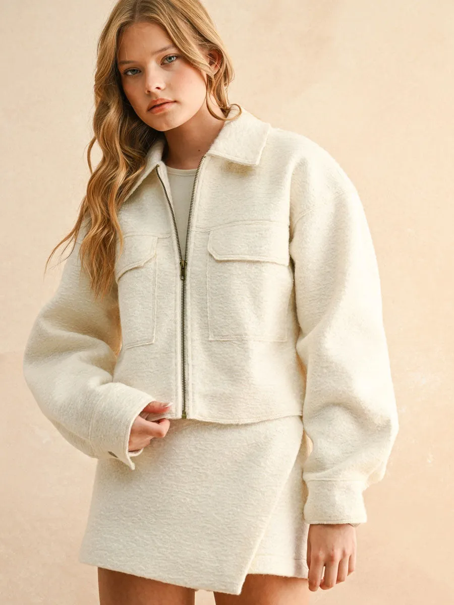 BIG POCKET CROPPED ZIPPER JACKET - CREAM Timeless Piece Oversized Silhouette