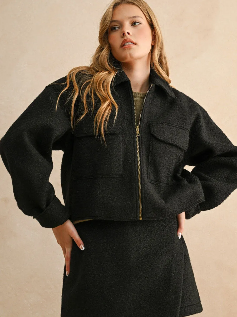 Wrinkle Free Weave DropShoulder BIG POCKET CROPPED ZIPPER JACKET - BLACK