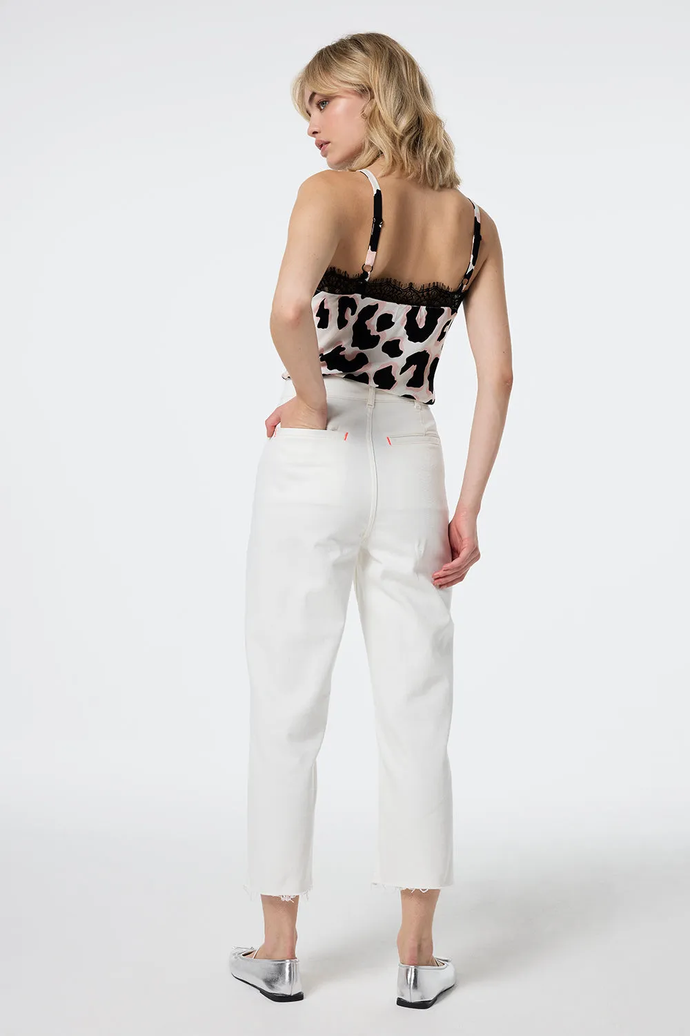 RecycledPolyester Sleek Waist Ecru Cropped Wide Leg Jeans