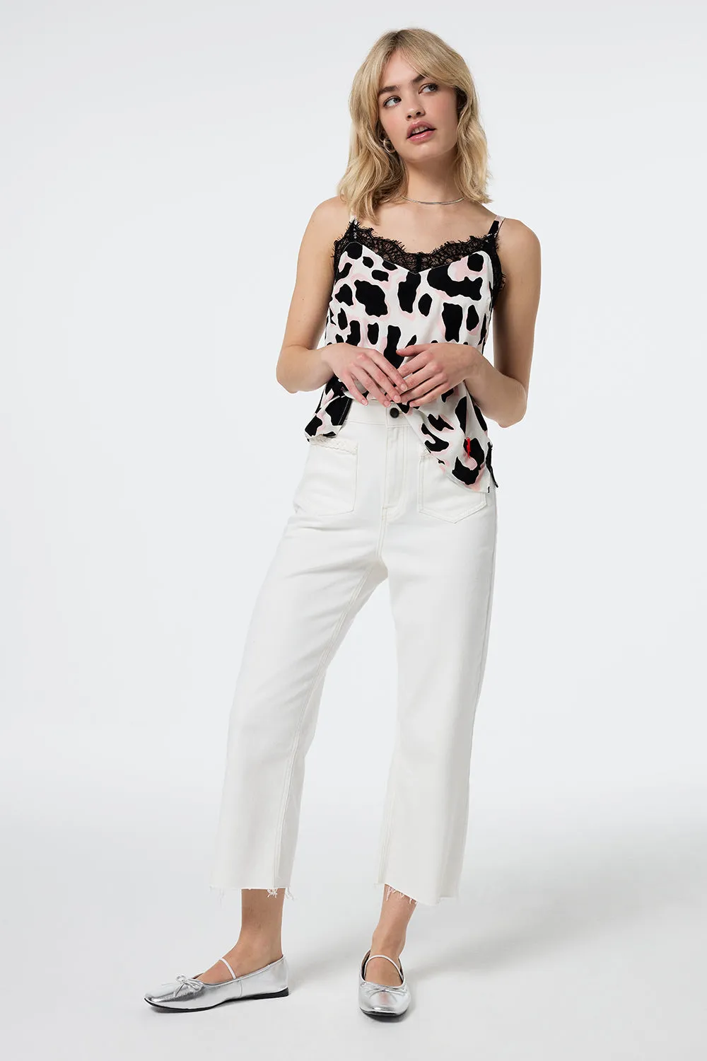 Roll-up style Utility pocket Ecru Cropped Wide Leg Jeans