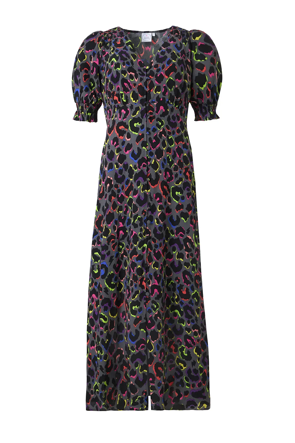 Quick Layer Grey with Rainbow Shadow Leopard Flute Sleeve Midi Tea Dress