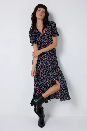 Relaxed Layers Grey with Rainbow Shadow Leopard Flute Sleeve Midi Tea Dress