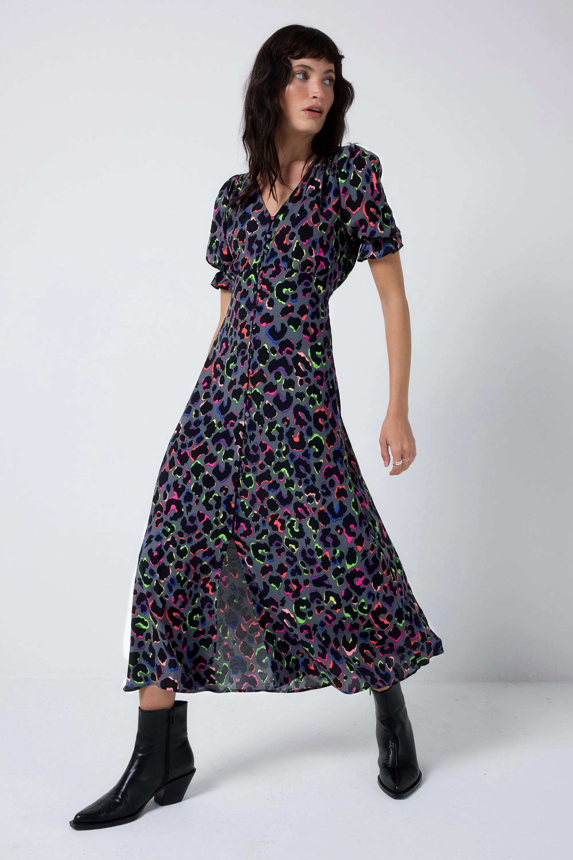 Grey with Rainbow Shadow Leopard Flute Sleeve Midi Tea Dress Timeless Style Wear