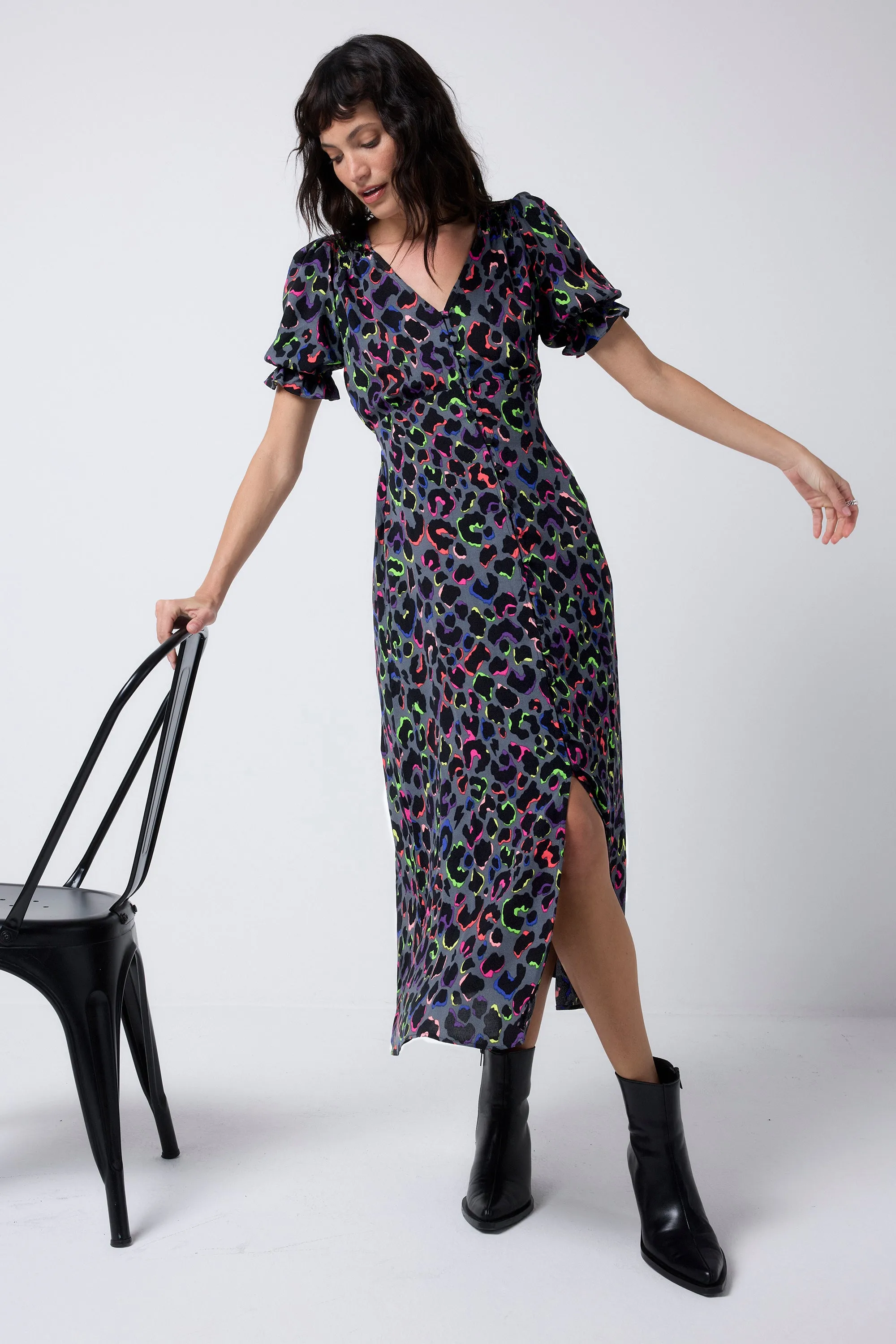 Grey with Rainbow Shadow Leopard Flute Sleeve Midi Tea Dress Lace Ease Summer Wardrobe