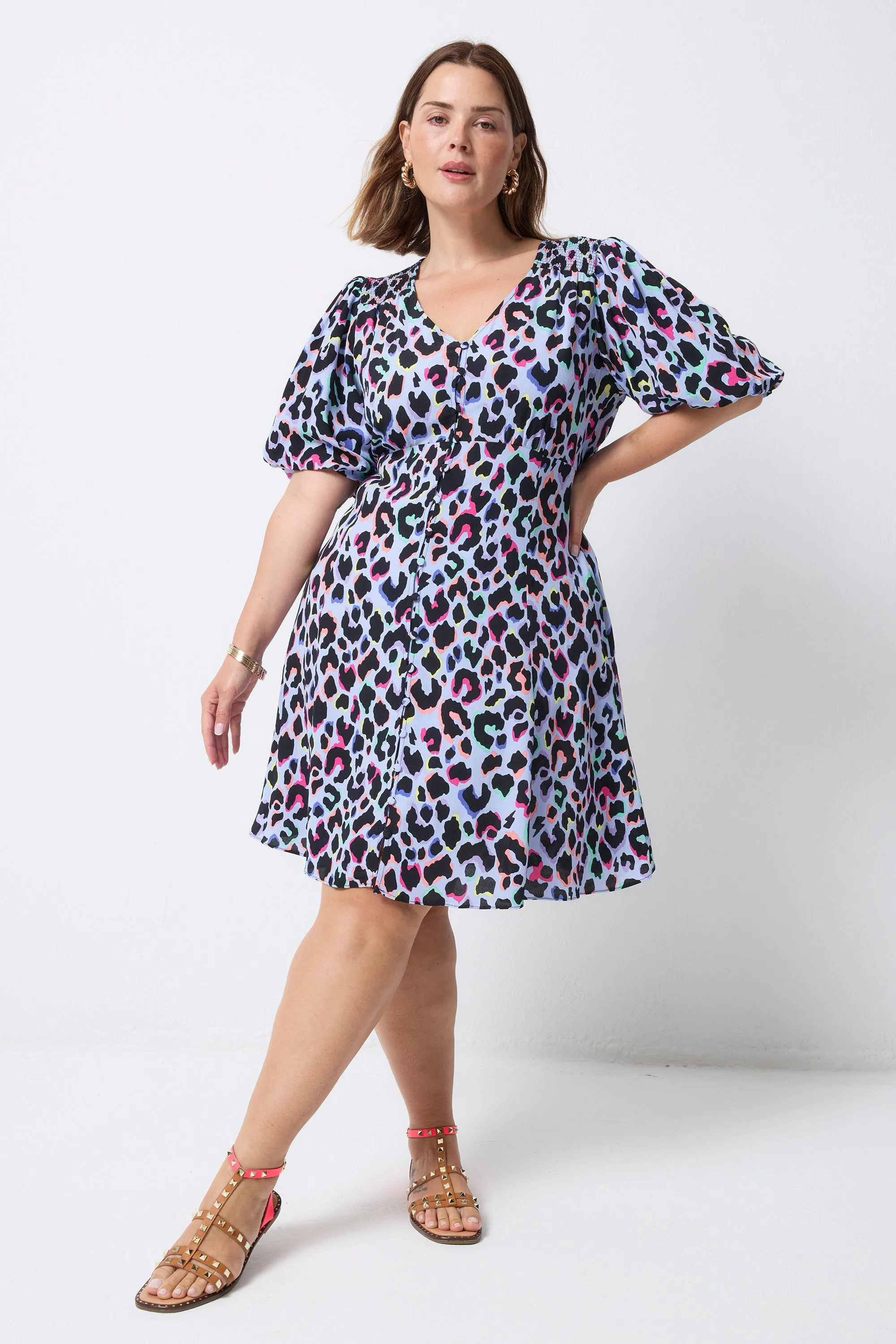 Light Blue with Rainbow Shadow Leopard Short Tea Dress Grab Now