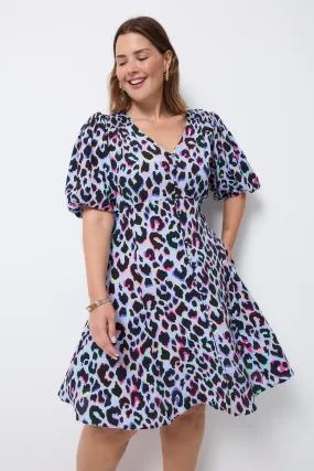 Smart and Polished Casual event dress Light Blue with Rainbow Shadow Leopard Short Tea Dress