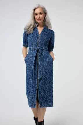 Authentic Indigo Leopard Zip Detail Midi Denim Dress Calm Shine Trendy Appeal