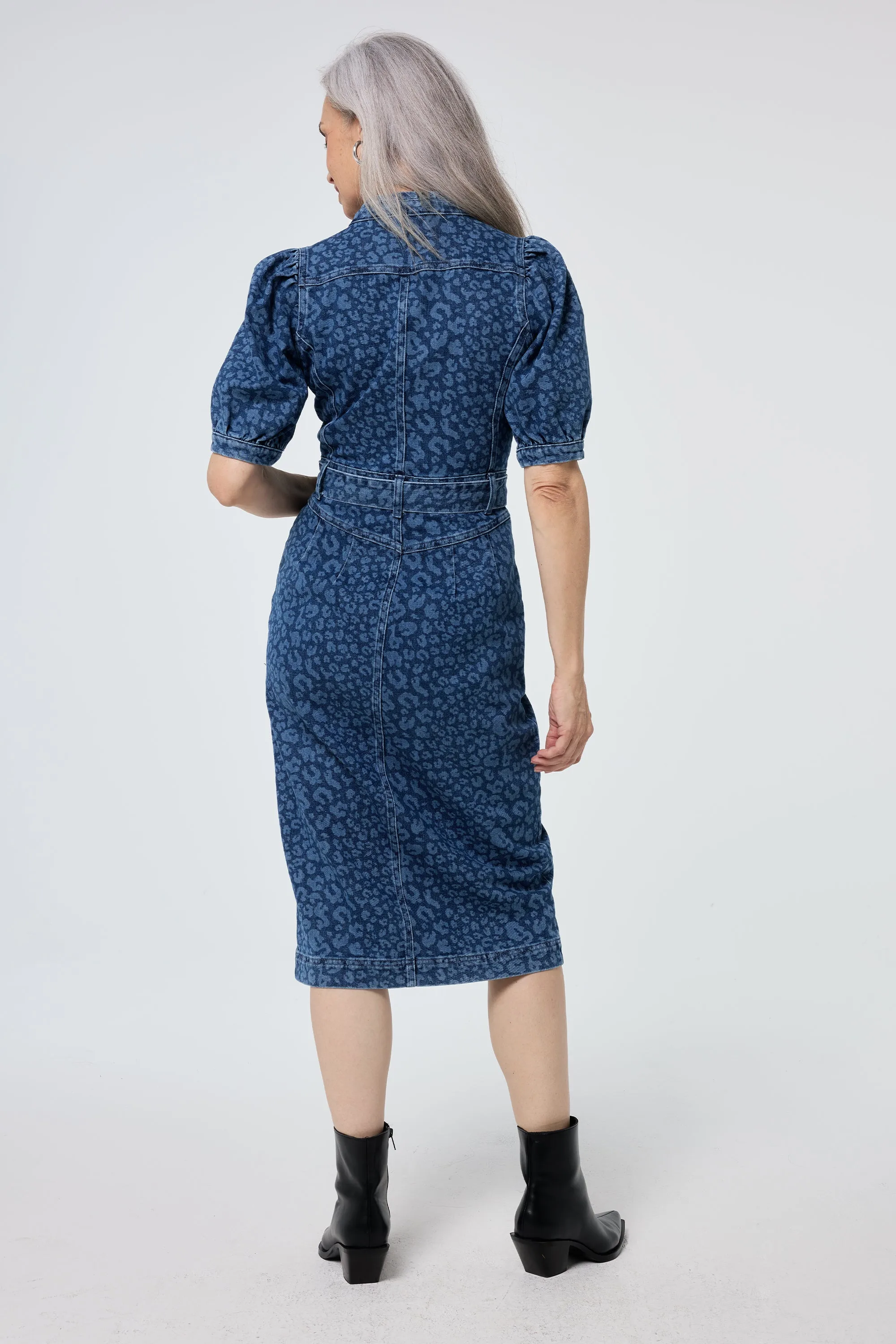 Authentic Indigo Leopard Zip Detail Midi Denim Dress Essential Style Subtle Flow