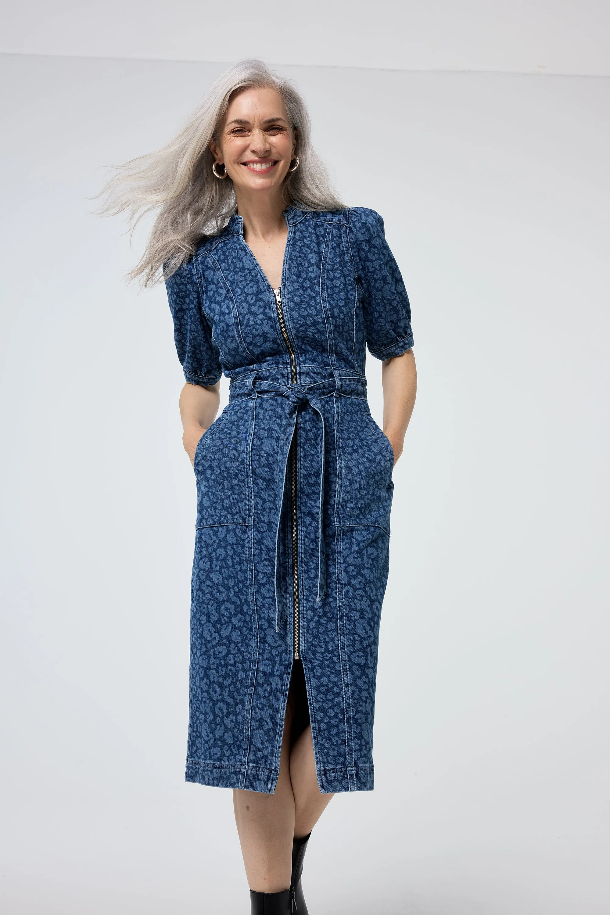 Stylish Touch Trendy floral dress Authentic Indigo Leopard Zip Detail Midi Denim Dress