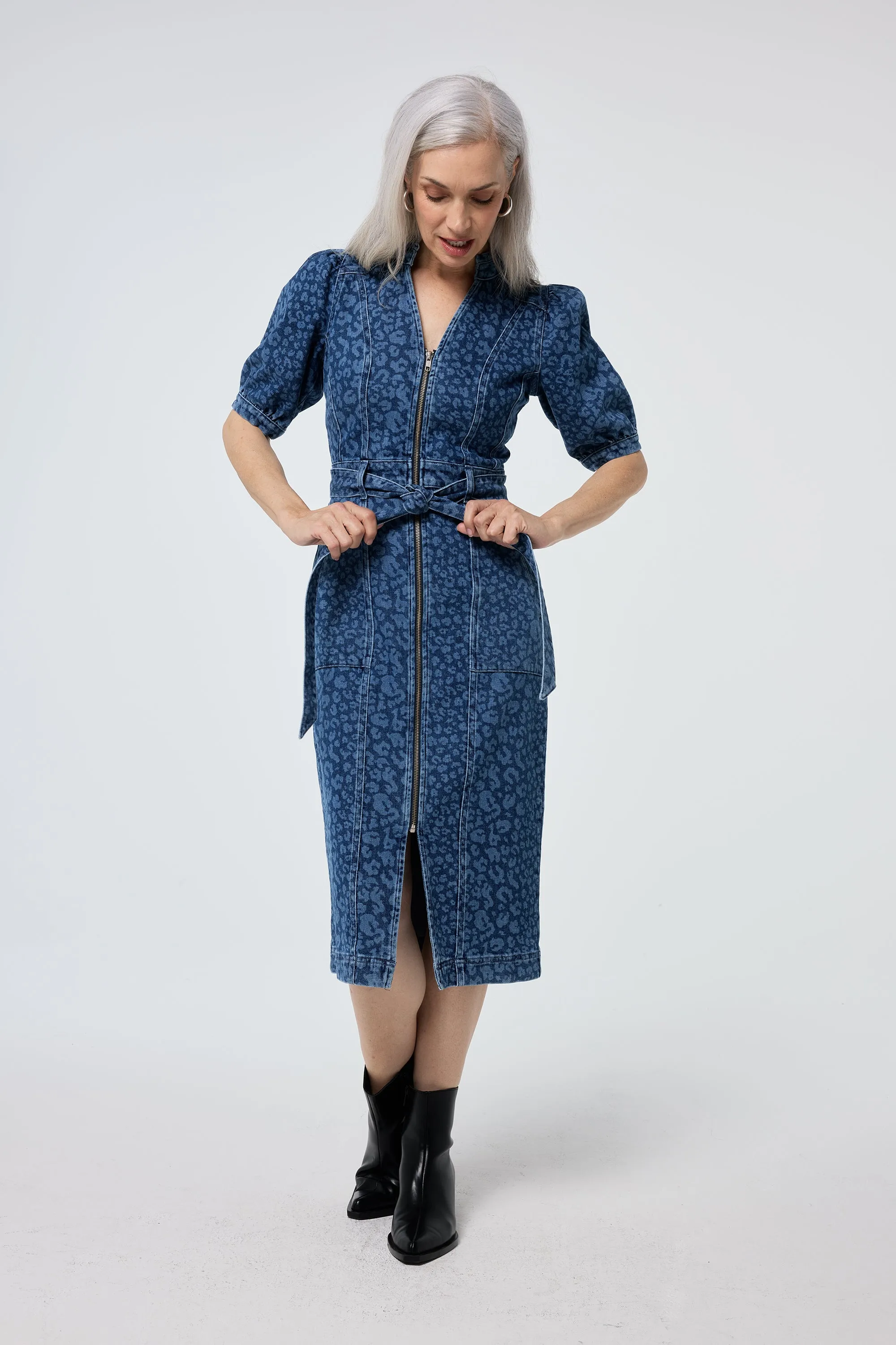 Authentic Indigo Leopard Zip Detail Midi Denim Dress Warm Season