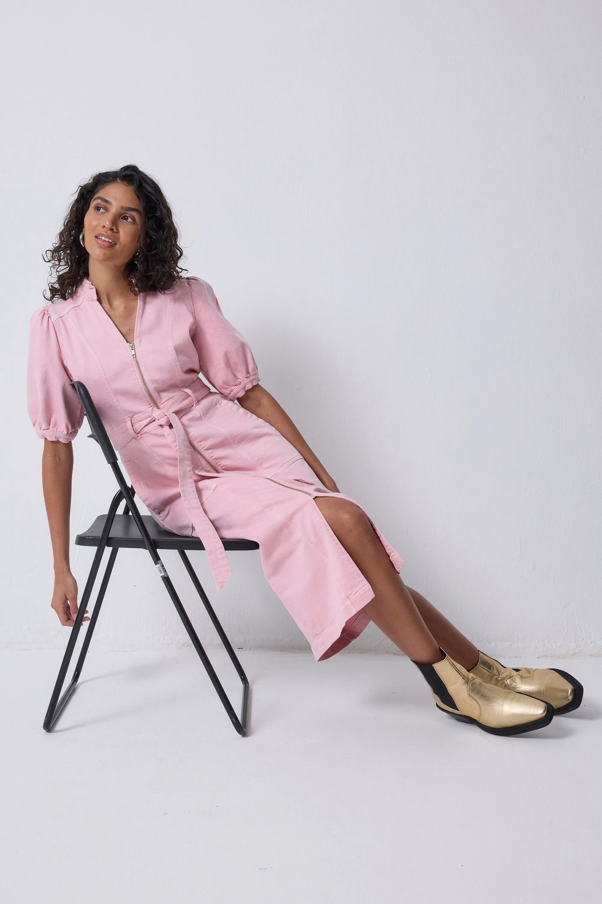 Pink Zip Detail Denim Dress Event Mood