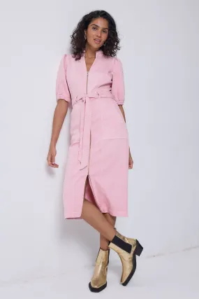 Rural Charm Comfy Style Pink Zip Detail Denim Dress