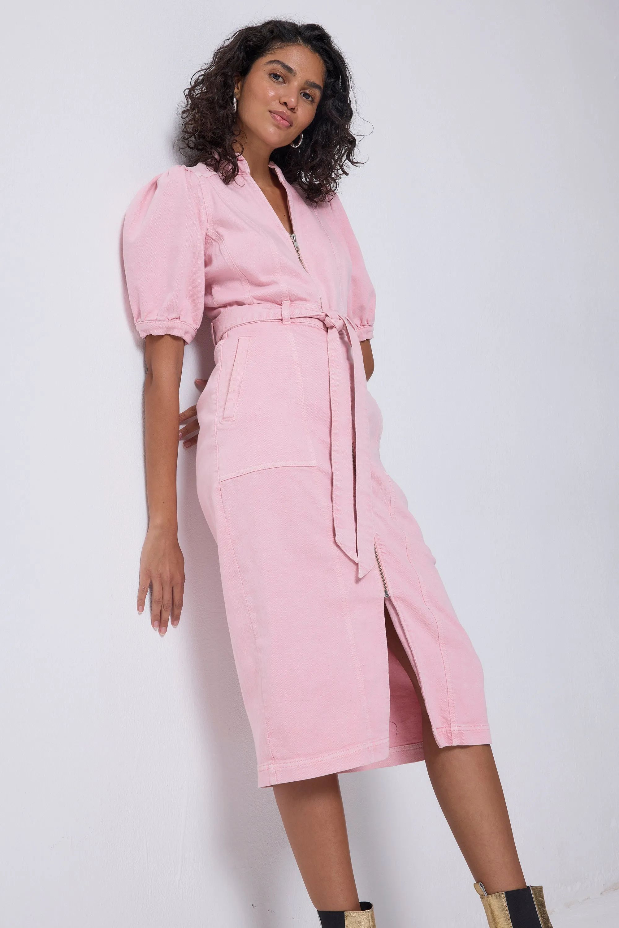 Pink Zip Detail Denim Dress Warm Palette