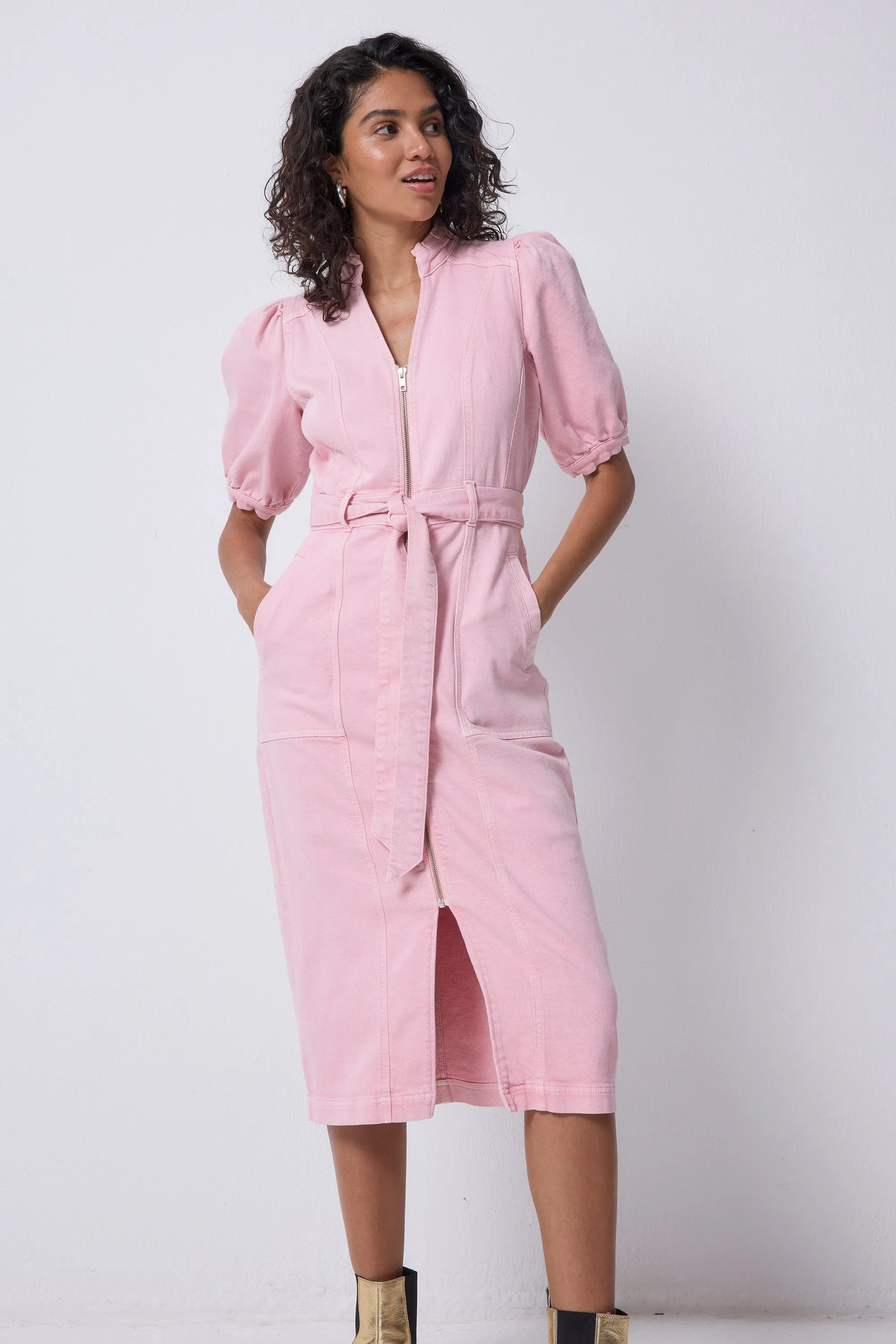 Pink Zip Detail Denim Dress Effortless Wear Refined fit