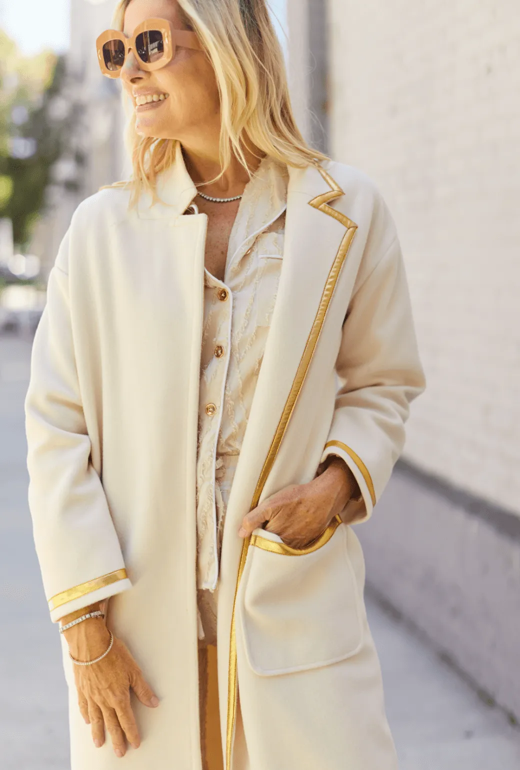 Open Car Coat - Ivory & Gold Insulated Layer