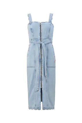 Vibrant Light Pale Indigo Wash Scallop Strappy Denim Sundress