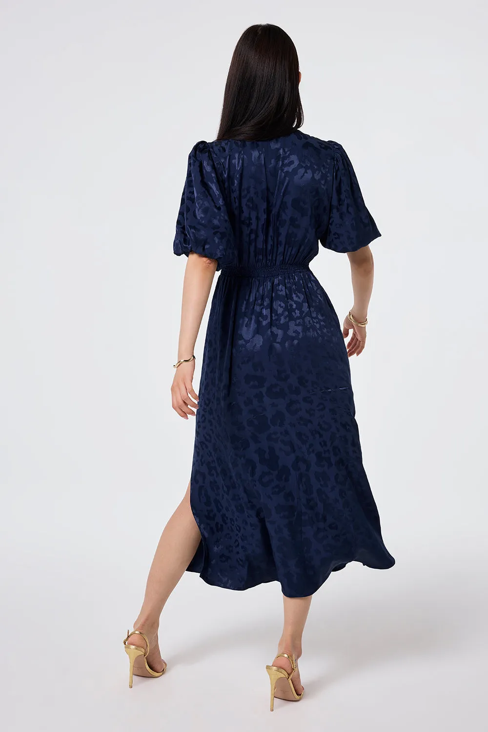 Navy Jacquard Leopard Puff Sleeve Midi Tea Dress Casual and Smart