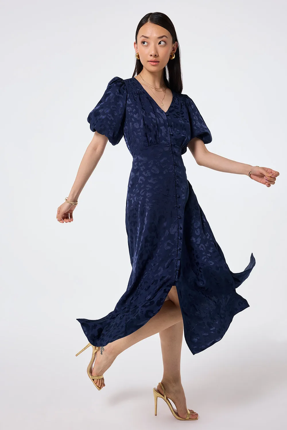 Navy Jacquard Leopard Puff Sleeve Midi Tea Dress Contemporary Layer