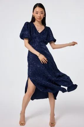 Navy Jacquard Leopard Puff Sleeve Midi Tea Dress Comfortable fit dress for all body types Inner Glow