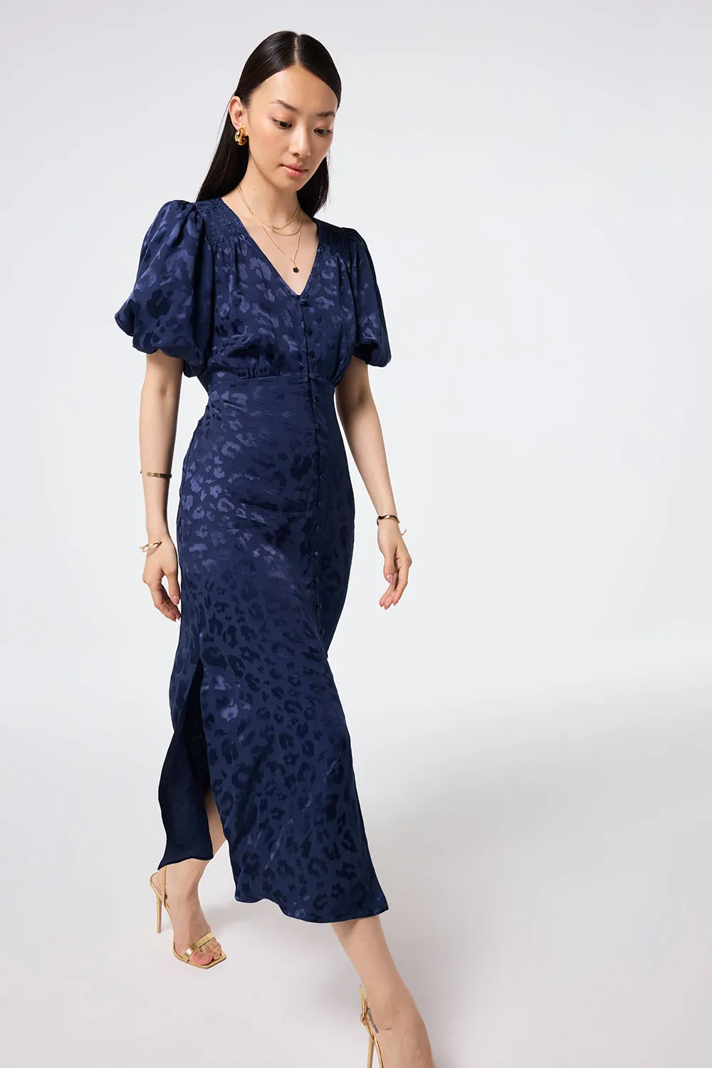 Navy Jacquard Leopard Puff Sleeve Midi Tea Dress Weekend Favorite