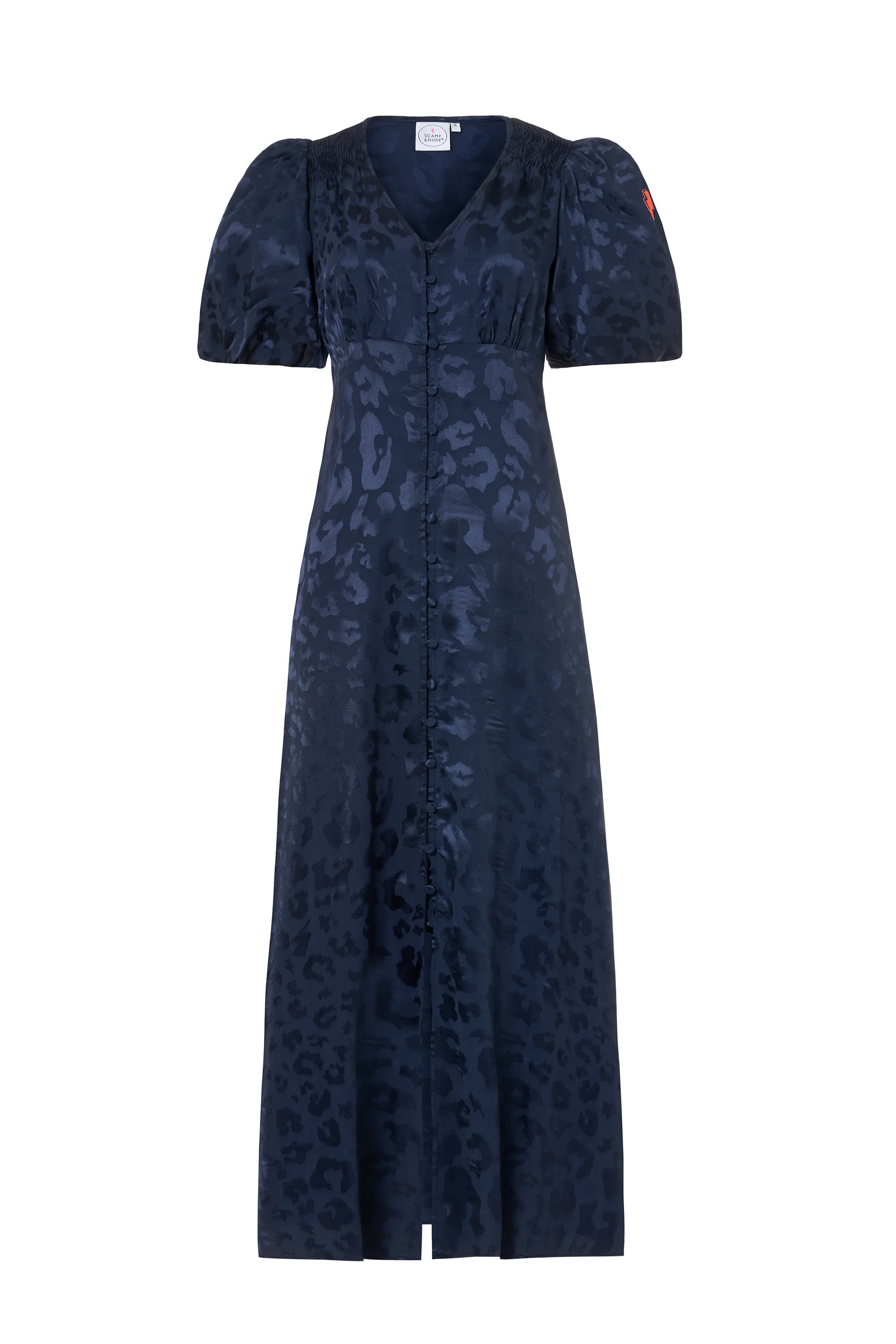 Art Inspired Work Chic Navy Jacquard Leopard Puff Sleeve Midi Tea Dress