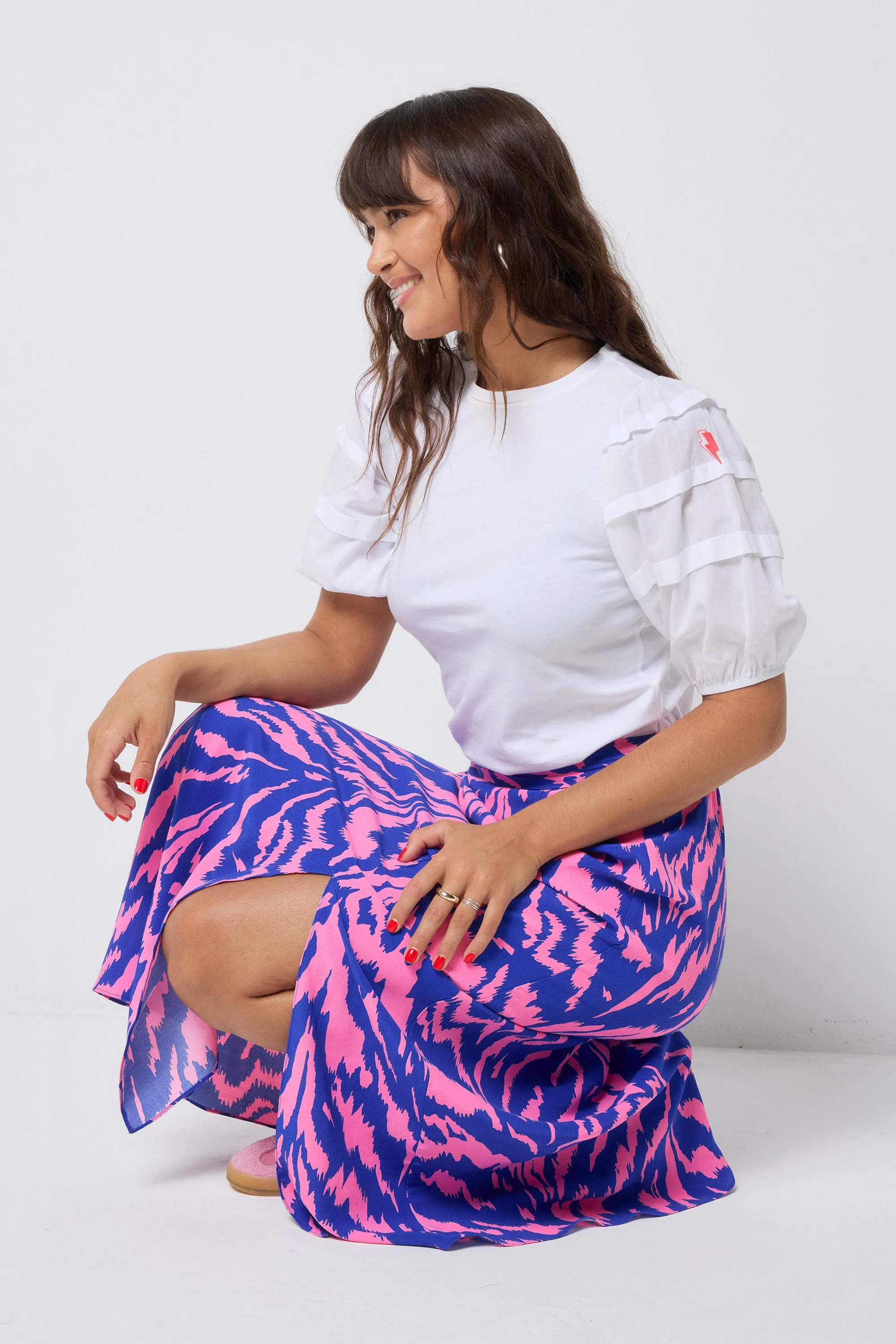 Pink With Blue Tiger Split Front Skirt Chic Look