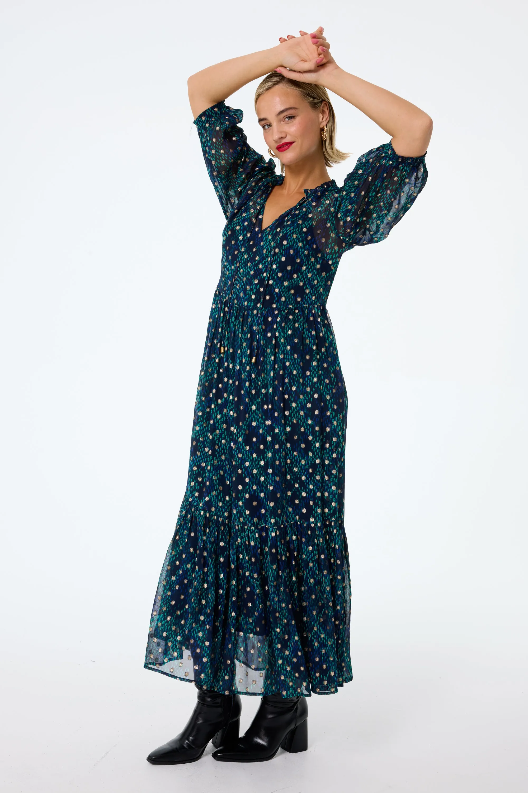 Midnight with Teal Snake Print Chiffon Tiered Maxi Dress Pure Aesthetic Fitted Style