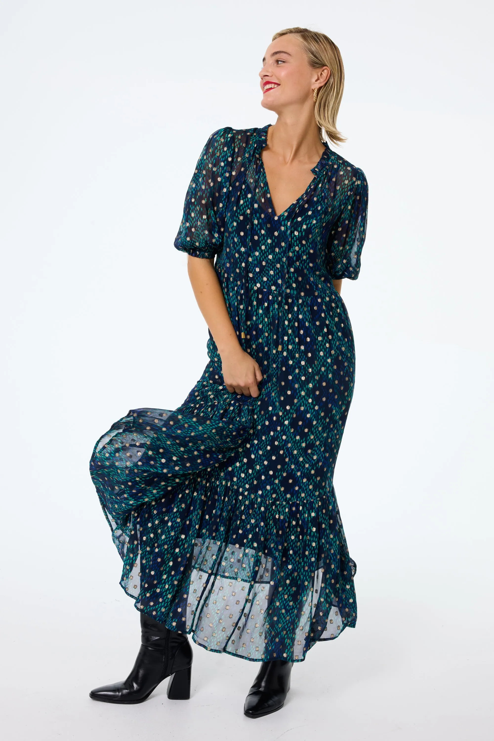 Midnight with Teal Snake Print Chiffon Tiered Maxi Dress Easy Wrap Contemporary Layer