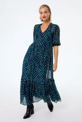 Night Ready Midnight with Teal Snake Print Chiffon Tiered Maxi Dress