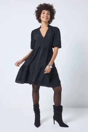 Black Textured Zip Detail Tiered Short Dress Sculpted Form Stylish Waist Fit