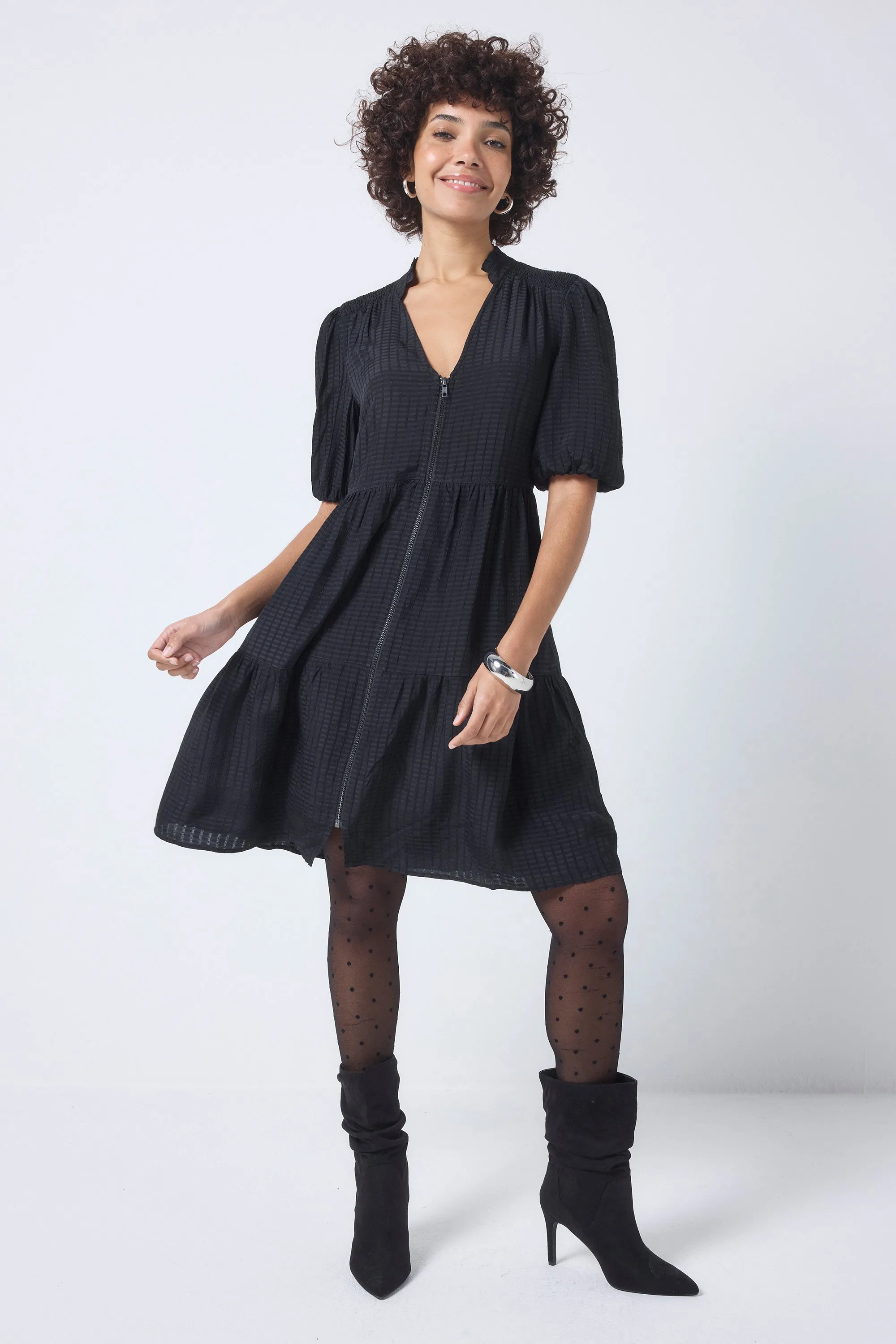 Black Textured Zip Detail Tiered Short Dress Sculpted Form Stylish Waist Fit
